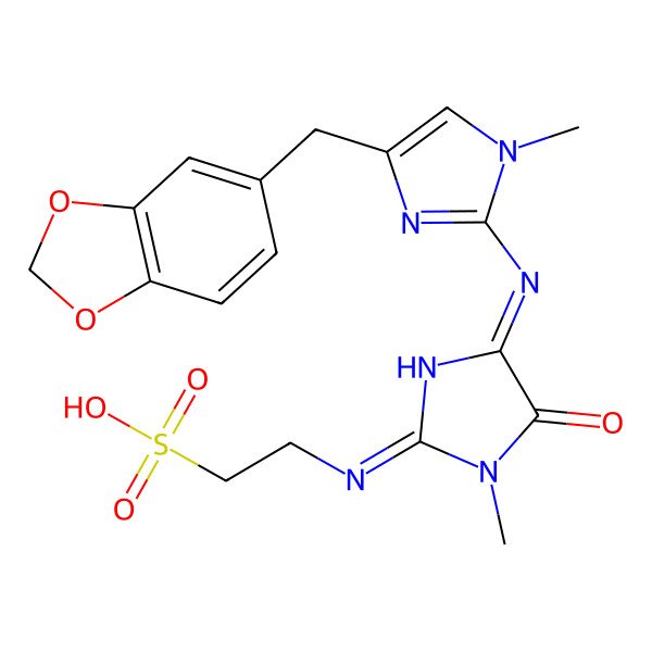 2D Structure of 2-[[(4Z)-4-[4-(1,3-benzodioxol-5-ylmethyl)-1-methylimidazol-2-yl]imino-1-methyl-5-oxoimidazolidin-2-ylidene]amino]ethanesulfonic acid