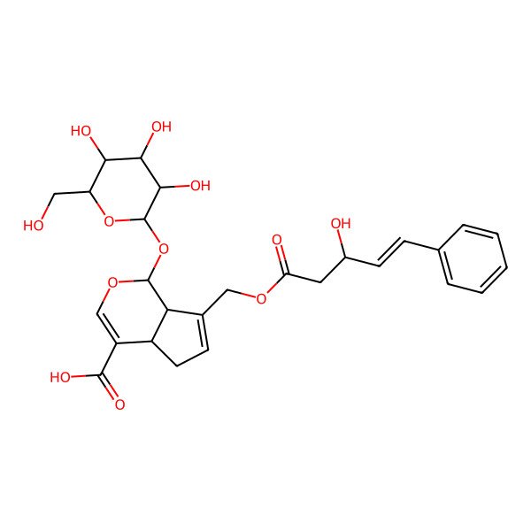 2D Structure of (1S,4aS,7aS)-7-[[(E,3R)-3-hydroxy-5-phenylpent-4-enoyl]oxymethyl]-1-[(2S,3R,4S,5S,6R)-3,4,5-trihydroxy-6-(hydroxymethyl)oxan-2-yl]oxy-1,4a,5,7a-tetrahydrocyclopenta[c]pyran-4-carboxylic acid