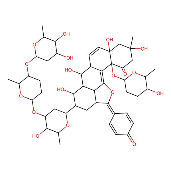 2D Structure of 15-[4-[5-(4,5-Dihydroxy-6-methyloxan-2-yl)oxy-6-methyloxan-2-yl]oxy-5-hydroxy-6-methyloxan-2-yl]-6,8,12,14-tetrahydroxy-3-(5-hydroxy-6-methyloxan-2-yl)oxy-6-methyl-18-(4-oxocyclohexa-2,5-dien-1-ylidene)-19-oxapentacyclo[11.6.1.02,11.03,8.017,20]icosa-1,9-dien-4-one