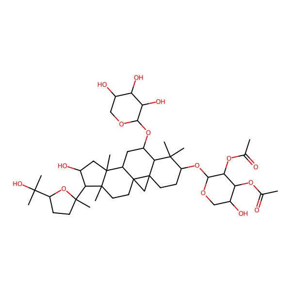 2D Structure of [(2S,3R,4S,5R)-3-acetyloxy-5-hydroxy-2-[[(1S,3R,6S,8S,9S,11S,12S,14S,15R,16R)-14-hydroxy-15-[(2R,5S)-5-(2-hydroxypropan-2-yl)-2-methyloxolan-2-yl]-7,7,12,16-tetramethyl-9-[(2S,3R,4S,5R)-3,4,5-trihydroxyoxan-2-yl]oxy-6-pentacyclo[9.7.0.01,3.03,8.012,16]octadecanyl]oxy]oxan-4-yl] acetate