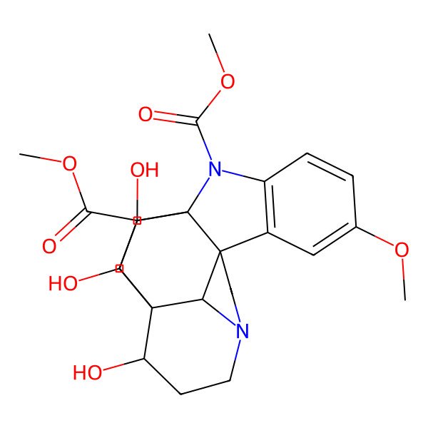 2D Structure of dimethyl (1S,9R,15S,16S,17S,18R,21R)-15,17,18-trihydroxy-6-methoxy-2,12-diazahexacyclo[14.2.2.19,12.01,9.03,8.016,21]henicosa-3(8),4,6-triene-2,18-dicarboxylate