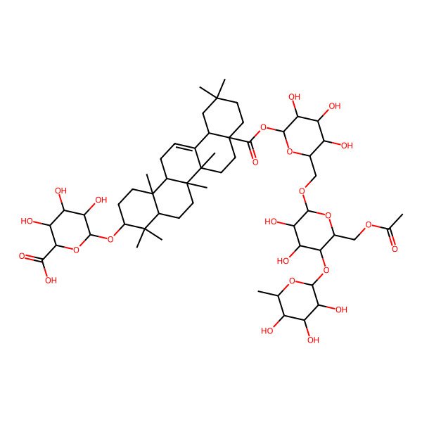2D Structure of (2S,3S,4S,5R,6R)-6-[[(3S,4aR,6aR,6bS,8aS,12aS,14aR,14bR)-8a-[(2R,3R,4S,5S,6R)-6-[[(2S,3R,4R,5S,6R)-6-(acetyloxymethyl)-3,4-dihydroxy-5-[(2R,3R,4R,5R,6S)-3,4,5-trihydroxy-6-methyloxan-2-yl]oxyoxan-2-yl]oxymethyl]-3,4,5-trihydroxyoxan-2-yl]oxycarbonyl-4,4,6a,6b,11,11,14b-heptamethyl-1,2,3,4a,5,6,7,8,9,10,12,12a,14,14a-tetradecahydropicen-3-yl]oxy]-3,4,5-trihydroxyoxane-2-carboxylic acid