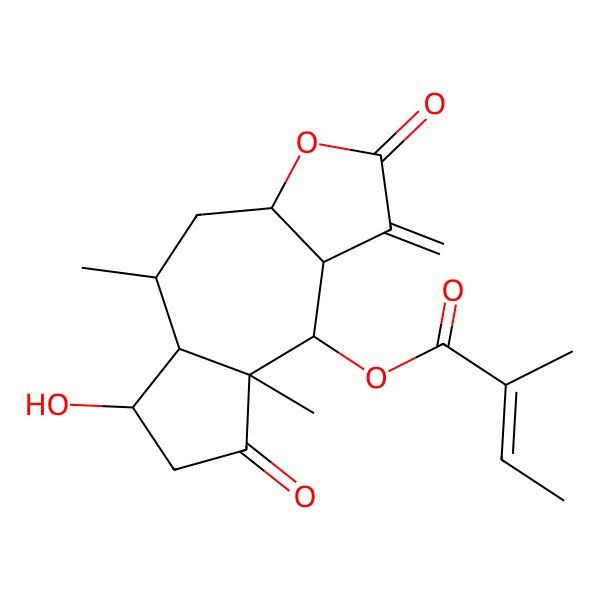 2D Structure of (6-Hydroxy-5,8a-dimethyl-1-methylidene-2,8-dioxo-3a,4,5,5a,6,7,9,9a-octahydroazuleno[6,5-b]furan-9-yl) 2-methylbut-2-enoate