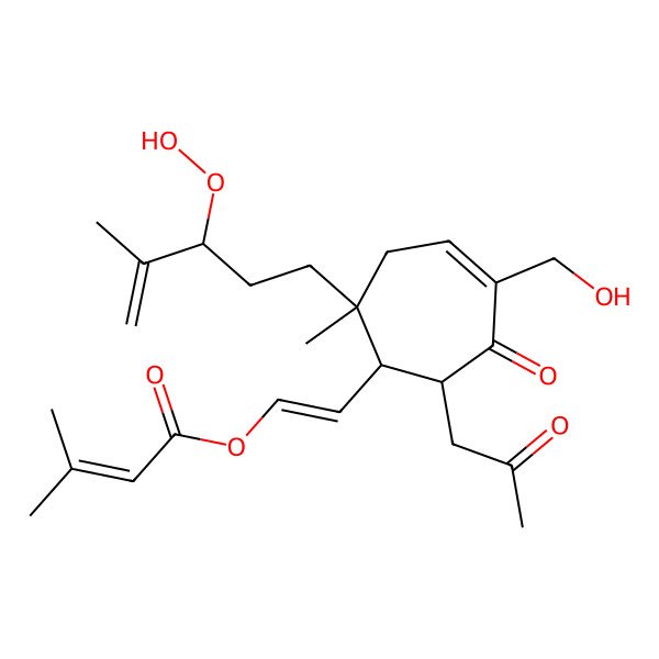 2D Structure of [(E)-2-[(1R,2R,7R)-2-[(3R)-3-hydroperoxy-4-methylpent-4-enyl]-5-(hydroxymethyl)-2-methyl-6-oxo-7-(2-oxopropyl)cyclohept-4-en-1-yl]ethenyl] 3-methylbut-2-enoate
