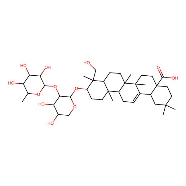 2D Structure of (4aS,6aS,6aS,6bR,8aR,9R,10S,12aR,14bS)-10-[(2S,3R,4S,5S)-4,5-dihydroxy-3-[(2S,3R,4R,5R,6S)-3,4,5-trihydroxy-6-methyloxan-2-yl]oxyoxan-2-yl]oxy-9-(hydroxymethyl)-2,2,6a,6b,9,12a-hexamethyl-1,3,4,5,6,6a,7,8,8a,10,11,12,13,14b-tetradecahydropicene-4a-carboxylic acid