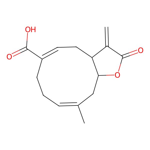 2D Structure of (3aR,5E,9E,11aS)-10-methyl-3-methylidene-2-oxo-3a,4,7,8,11,11a-hexahydrocyclodeca[b]furan-6-carboxylic acid