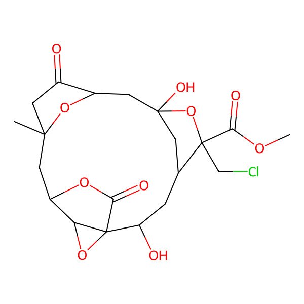 2D Structure of Methyl 5-(chloromethyl)-2,7-dihydroxy-12-methyl-10,17-dioxo-6,16,18,19-tetraoxapentacyclo[12.2.2.14,7.19,12.01,15]icosane-5-carboxylate