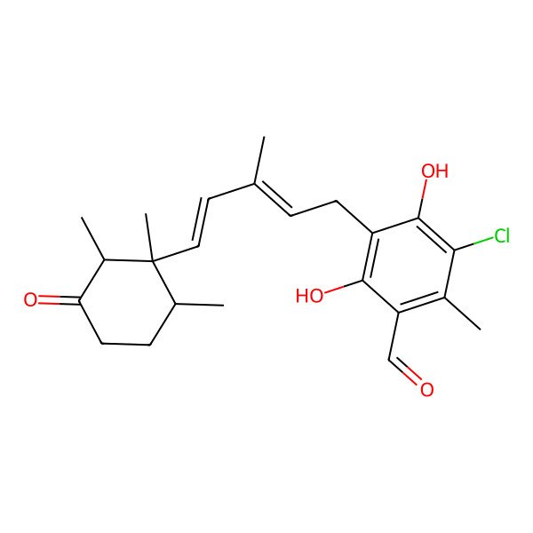 2D Structure of 5-chloro-2,4-dihydroxy-6-methyl-3-[(2E,4E)-3-methyl-5-[(1S,2S,6R)-1,2,6-trimethyl-3-oxocyclohexyl]penta-2,4-dienyl]benzaldehyde