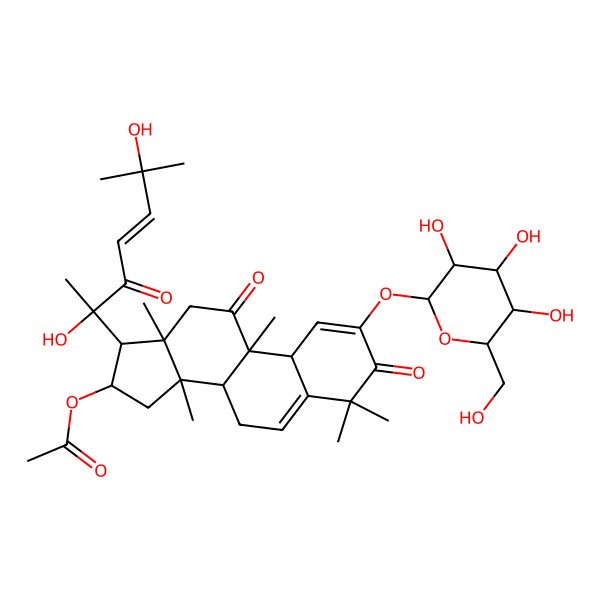 2D Structure of [(8S,9R,10R,13R,14S,16R,17R)-17-[(E,2R)-2,6-dihydroxy-6-methyl-3-oxohept-4-en-2-yl]-4,4,9,13,14-pentamethyl-3,11-dioxo-2-[(2S,3R,4S,5S,6R)-3,4,5-trihydroxy-6-(hydroxymethyl)oxan-2-yl]oxy-8,10,12,15,16,17-hexahydro-7H-cyclopenta[a]phenanthren-16-yl] acetate