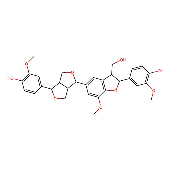 2D Structure of 4-[6-[2-(4-Hydroxy-3-methoxyphenyl)-3-(hydroxymethyl)-7-methoxy-2,3-dihydro-1-benzofuran-5-yl]-1,3,3a,4,6,6a-hexahydrofuro[3,4-c]furan-3-yl]-2-methoxyphenol