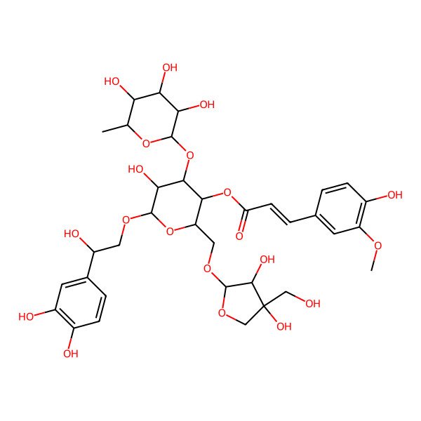 2D Structure of [(2R,3R,4R,5R,6R)-2-[[(2R,3R,4R)-3,4-dihydroxy-4-(hydroxymethyl)oxolan-2-yl]oxymethyl]-6-[2-(3,4-dihydroxyphenyl)-2-hydroxyethoxy]-5-hydroxy-4-[(2S,3R,4R,5R,6S)-3,4,5-trihydroxy-6-methyloxan-2-yl]oxyoxan-3-yl] (E)-3-(4-hydroxy-3-methoxyphenyl)prop-2-enoate