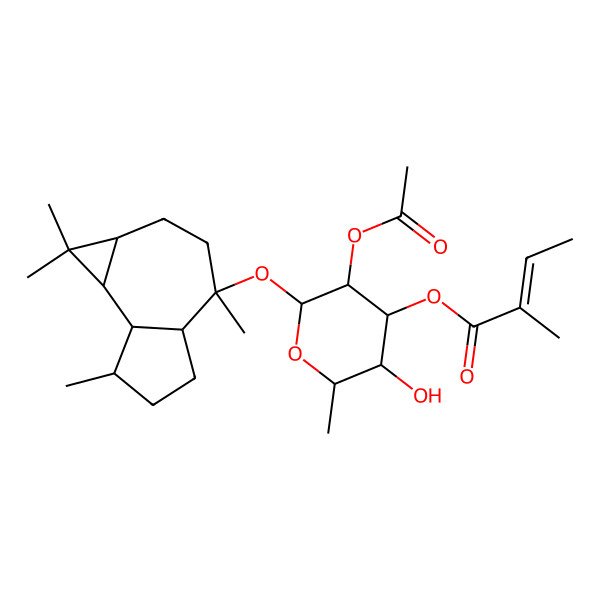 2D Structure of beta-D-Galactopyranoside, (1aR,4S,4aS,7R,7aS,7bS)-decahydro-1,1,4,7-tetramethyl-1H-cycloprop[e]azulen-4-yl 6-deoxy-, 2-acetate 3-[(2Z)-2-methyl-2-butenoate]