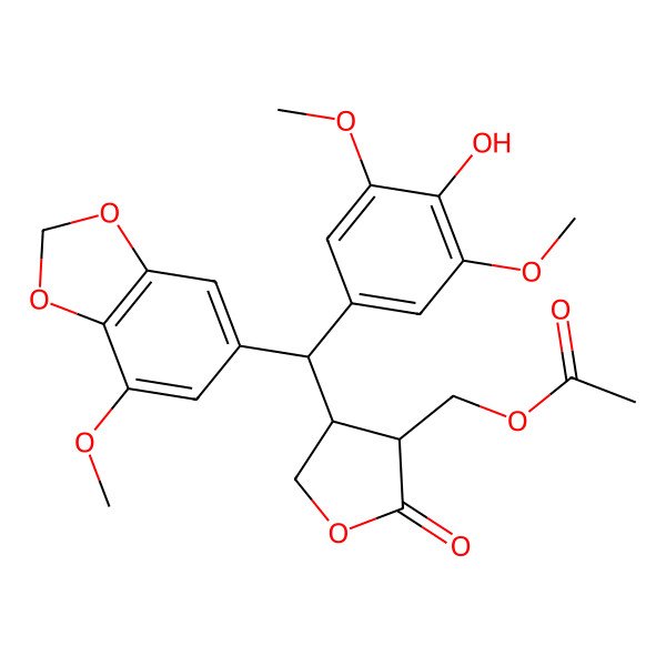 2D Structure of [(3S,4S)-4-[(4-hydroxy-3,5-dimethoxyphenyl)-(7-methoxy-1,3-benzodioxol-5-yl)methyl]-2-oxooxolan-3-yl]methyl acetate
