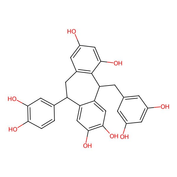 2D Structure of (2R,10S)-10-(3,4-dihydroxyphenyl)-2-[(3,5-dihydroxyphenyl)methyl]tricyclo[9.4.0.03,8]pentadeca-1(15),3(8),4,6,11,13-hexaene-4,6,13,14-tetrol