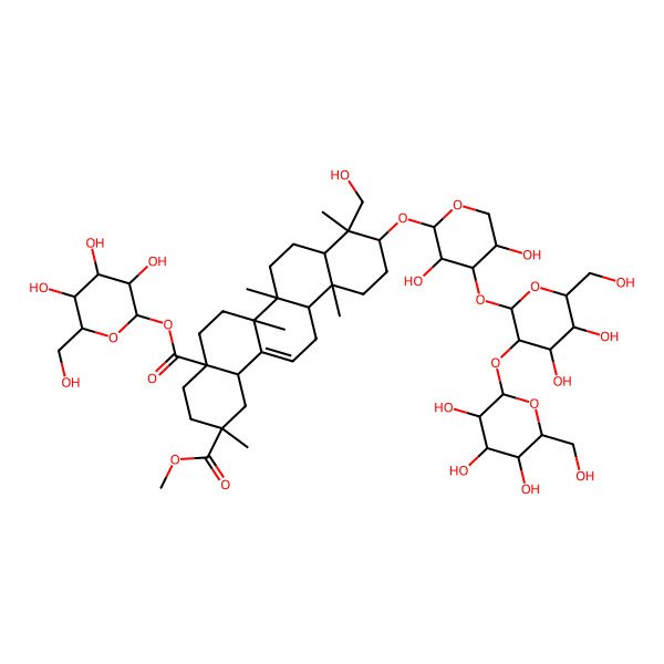 2D Structure of 2-O-methyl 4a-O-[(2S,3R,4S,5S,6R)-3,4,5-trihydroxy-6-(hydroxymethyl)oxan-2-yl] (2R,4aR,6aR,6aS,6bR,8aR,9R,10S,12aR,14bS)-10-[(2S,3R,4S,5S)-4-[(2S,3R,4S,5S,6R)-4,5-dihydroxy-6-(hydroxymethyl)-3-[(2S,3R,4S,5S,6R)-3,4,5-trihydroxy-6-(hydroxymethyl)oxan-2-yl]oxyoxan-2-yl]oxy-3,5-dihydroxyoxan-2-yl]oxy-9-(hydroxymethyl)-2,6a,6b,9,12a-pentamethyl-1,3,4,5,6,6a,7,8,8a,10,11,12,13,14b-tetradecahydropicene-2,4a-dicarboxylate