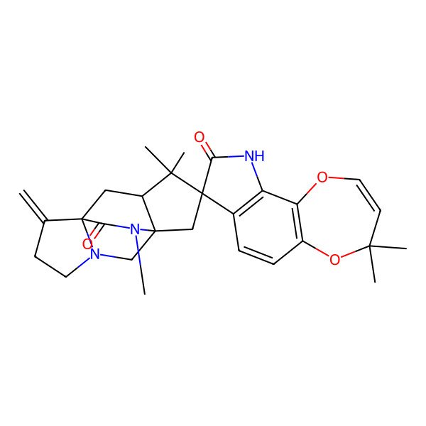 2D Structure of 4,4,10',10',13'-pentamethyl-6'-methylidenespiro[10H-[1,4]dioxepino[2,3-g]indole-8,11'-3,13-diazatetracyclo[5.5.2.01,9.03,7]tetradecane]-9,14'-dione