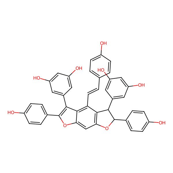 2D Structure of 5-[(5R,6S)-3-(3,5-dihydroxyphenyl)-2,6-bis(4-hydroxyphenyl)-4-[(E)-2-(4-hydroxyphenyl)ethenyl]-5,6-dihydrofuro[3,2-f][1]benzofuran-5-yl]benzene-1,3-diol
