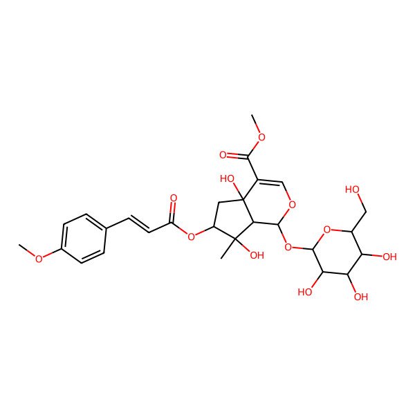2D Structure of methyl (1S,4aR,6S,7R,7aS)-4a,7-dihydroxy-6-[(Z)-3-(4-methoxyphenyl)prop-2-enoyl]oxy-7-methyl-1-[(2S,3R,4S,5S,6R)-3,4,5-trihydroxy-6-(hydroxymethyl)oxan-2-yl]oxy-1,5,6,7a-tetrahydrocyclopenta[c]pyran-4-carboxylate
