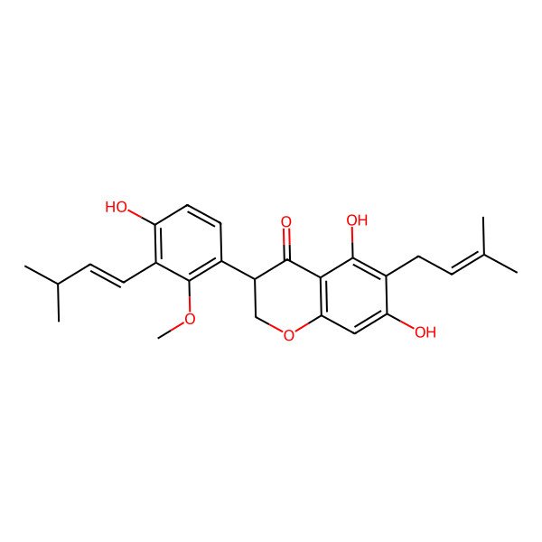 2D Structure of (3S)-5,7-dihydroxy-3-[4-hydroxy-2-methoxy-3-[(E)-3-methylbut-1-enyl]phenyl]-6-(3-methylbut-2-enyl)-2,3-dihydrochromen-4-one