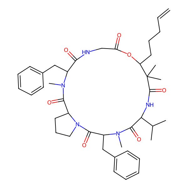 2D Structure of 3,16-Dibenzyl-4,9,9,17-tetramethyl-10-pent-4-enyl-6-propan-2-yl-11-oxa-1,4,7,14,17-pentazabicyclo[17.3.0]docosane-2,5,8,12,15,18-hexone