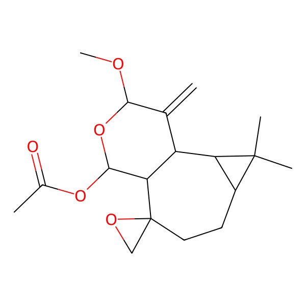 2D Structure of [(1R,2S,4S,7S,8R,9R,11S)-11-methoxy-3,3-dimethyl-12-methylidenespiro[10-oxatricyclo[6.4.0.02,4]dodecane-7,2'-oxirane]-9-yl] acetate