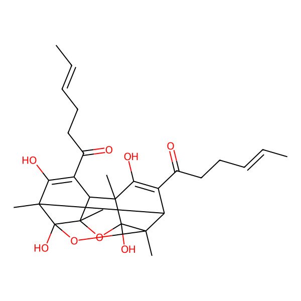 2D Structure of 1-(12-Hex-4-enoyl-1,6,8,13-tetrahydroxy-3,7,10,14-tetramethyl-2,9-dioxapentacyclo[8.4.0.03,8.04,14.07,11]tetradeca-5,12-dien-5-yl)hex-4-en-1-one