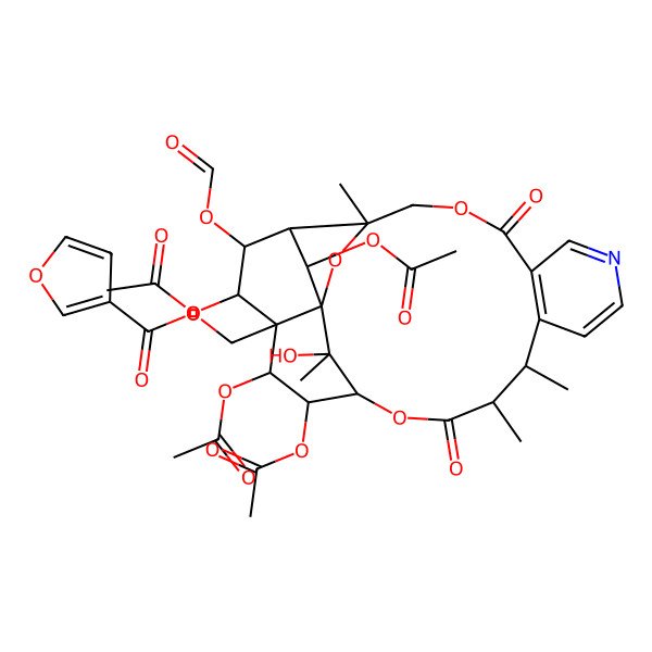2D Structure of [(1S,3R,13S,14S,17S,18R,19R,20R,21S,22R,23R,24R)-18,19,21,24-tetraacetyloxy-22-formyloxy-25-hydroxy-3,13,14,25-tetramethyl-6,15-dioxo-2,5,16-trioxa-9-azapentacyclo[15.7.1.01,20.03,23.07,12]pentacosa-7(12),8,10-trien-20-yl]methyl furan-3-carboxylate