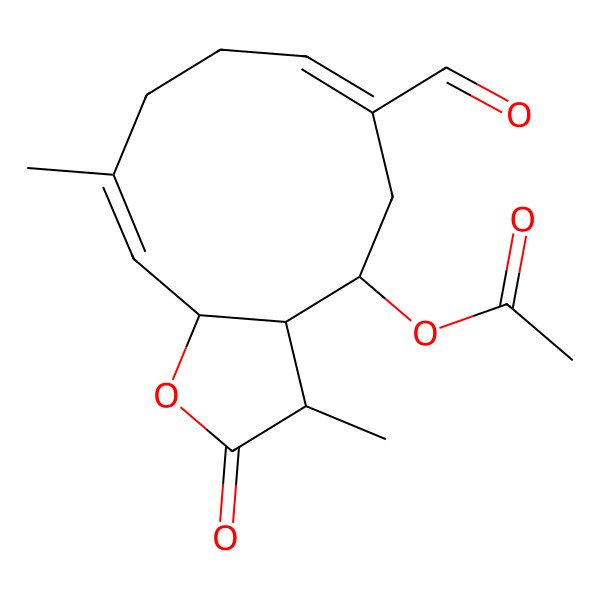 2D Structure of [(3S,3aR,4R,6E,10E,11aR)-6-formyl-3,10-dimethyl-2-oxo-3a,4,5,8,9,11a-hexahydro-3H-cyclodeca[b]furan-4-yl] acetate
