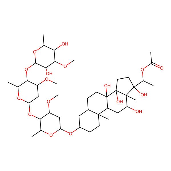 2D Structure of [(1R)-1-[(3S,5S,8S,9R,10S,12R,13R,14R,17S)-3-[(2R,4S,5R,6R)-5-[(2S,4S,5R,6R)-5-[(2S,3R,4S,5R,6R)-3,5-dihydroxy-4-methoxy-6-methyloxan-2-yl]oxy-4-methoxy-6-methyloxan-2-yl]oxy-4-methoxy-6-methyloxan-2-yl]oxy-8,12,14,17-tetrahydroxy-10,13-dimethyl-1,2,3,4,5,6,7,9,11,12,15,16-dodecahydrocyclopenta[a]phenanthren-17-yl]ethyl] acetate