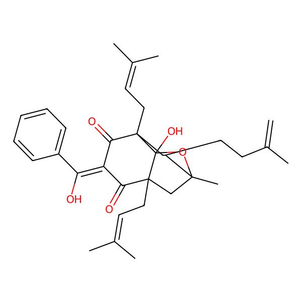 2D Structure of (1R,2R,4R,8S,9R)-9-hydroxy-6-[hydroxy(phenyl)methylidene]-1-methyl-4,8-bis(3-methylbut-2-enyl)-2-(3-methylbut-3-enyl)-10-oxatricyclo[6.2.1.04,9]undecane-5,7-dione