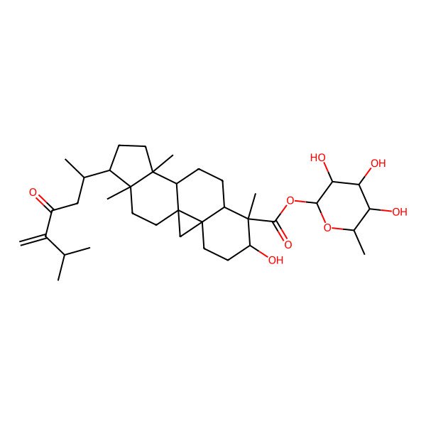 2D Structure of [(2S,3R,4R,5R,6S)-3,4,5-trihydroxy-6-methyloxan-2-yl] (1S,3R,6S,7S,8R,11S,12S,15R,16R)-6-hydroxy-7,12,16-trimethyl-15-[(2R)-6-methyl-5-methylidene-4-oxoheptan-2-yl]pentacyclo[9.7.0.01,3.03,8.012,16]octadecane-7-carboxylate