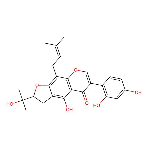 2D Structure of (2S)-6-(2,4-dihydroxyphenyl)-4-hydroxy-2-(2-hydroxypropan-2-yl)-9-(3-methylbut-2-enyl)-2,3-dihydrofuro[3,2-g]chromen-5-one
