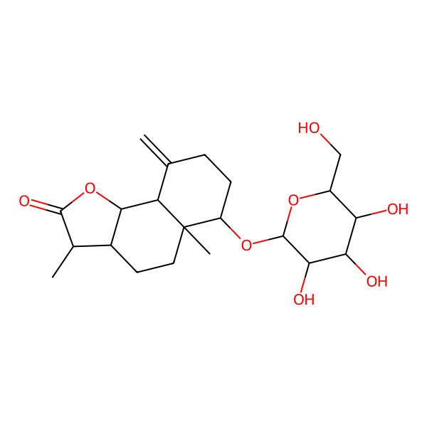2D Structure of (3S,3aS,5aR,6R,9aS,9bS)-3,5a-dimethyl-9-methylidene-6-[(2R,3R,4S,5S,6R)-3,4,5-trihydroxy-6-(hydroxymethyl)oxan-2-yl]oxy-3a,4,5,6,7,8,9a,9b-octahydro-3H-benzo[g][1]benzofuran-2-one