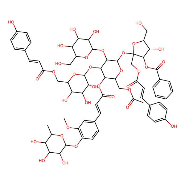 2D Structure of [(2S,3S,4S,5R)-2-[(2R,3R,4S,5R,6R)-6-(acetyloxymethyl)-5-[(E)-3-[3-methoxy-4-[(2S,3R,4R,5R,6S)-3,4,5-trihydroxy-6-methyloxan-2-yl]oxyphenyl]prop-2-enoyl]oxy-3-[(2S,3R,4S,5S,6R)-3,4,5-trihydroxy-6-(hydroxymethyl)oxan-2-yl]oxy-4-[(2S,3R,4S,5S,6R)-3,4,5-trihydroxy-6-[[(E)-3-(4-hydroxyphenyl)prop-2-enoyl]oxymethyl]oxan-2-yl]oxyoxan-2-yl]oxy-4-hydroxy-5-(hydroxymethyl)-2-[[(E)-3-(4-hydroxyphenyl)prop-2-enoyl]oxymethyl]oxolan-3-yl] benzoate