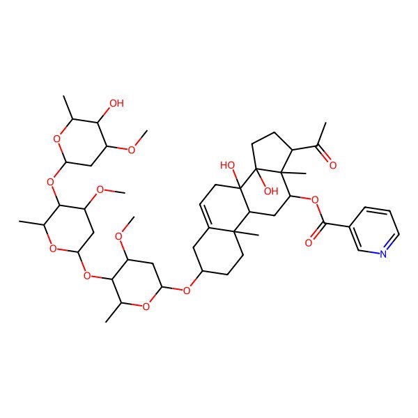 2D Structure of [(3S,8S,9R,10R,12R,13S,14R,17R)-17-acetyl-8,14-dihydroxy-3-[(2R,4S,5R,6R)-5-[(2S,4S,5R,6R)-5-[(2S,4R,5R,6R)-5-hydroxy-4-methoxy-6-methyloxan-2-yl]oxy-4-methoxy-6-methyloxan-2-yl]oxy-4-methoxy-6-methyloxan-2-yl]oxy-10,13-dimethyl-2,3,4,7,9,11,12,15,16,17-decahydro-1H-cyclopenta[a]phenanthren-12-yl] pyridine-3-carboxylate