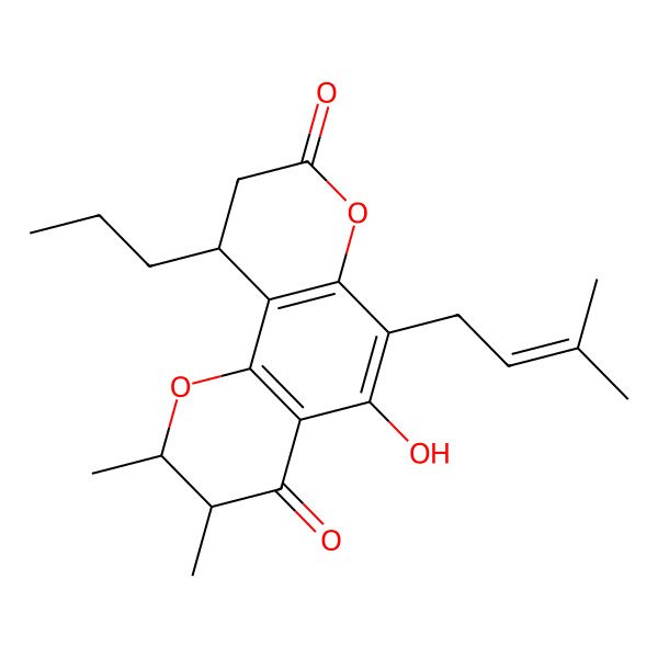 2D Structure of (2R,3S)-5-hydroxy-2,3-dimethyl-6-(3-methylbut-2-enyl)-10-propyl-2,3,9,10-tetrahydropyrano[2,3-h]chromene-4,8-dione