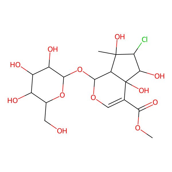 2D Structure of Methyl 6-chloro-4a,5,7-trihydroxy-7-methyl-1-[3,4,5-trihydroxy-6-(hydroxymethyl)oxan-2-yl]oxy-1,5,6,7a-tetrahydrocyclopenta[c]pyran-4-carboxylate