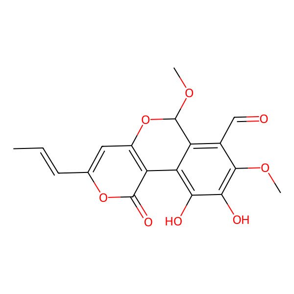 2D Structure of (6R)-9,10-dihydroxy-6,8-dimethoxy-1-oxo-3-[(E)-prop-1-enyl]-6H-pyrano[4,3-c]isochromene-7-carbaldehyde