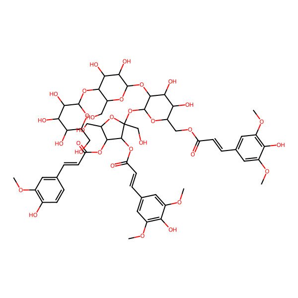 2D Structure of [5-[3-[3,4-Dihydroxy-6-(hydroxymethyl)-5-[3,4,5-trihydroxy-6-(hydroxymethyl)oxan-2-yl]oxyoxan-2-yl]oxy-4,5-dihydroxy-6-[3-(4-hydroxy-3,5-dimethoxyphenyl)prop-2-enoyloxymethyl]oxan-2-yl]oxy-4-[3-(4-hydroxy-3,5-dimethoxyphenyl)prop-2-enoyloxy]-2,5-bis(hydroxymethyl)oxolan-3-yl] 3-(4-hydroxy-3-methoxyphenyl)prop-2-enoate