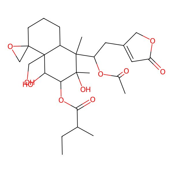 2D Structure of [4-[1-acetyloxy-2-(5-oxo-2H-furan-3-yl)ethyl]-1,3-dihydroxy-8a-(hydroxymethyl)-3,4-dimethylspiro[1,2,4a,5,6,7-hexahydronaphthalene-8,2'-oxirane]-2-yl] 2-methylbutanoate