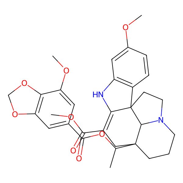 2D Structure of Methyl 5-methoxy-12-[1-(7-methoxy-1,3-benzodioxole-5-carbonyl)oxyethyl]-8,16-diazapentacyclo[10.6.1.01,9.02,7.016,19]nonadeca-2(7),3,5,9-tetraene-10-carboxylate