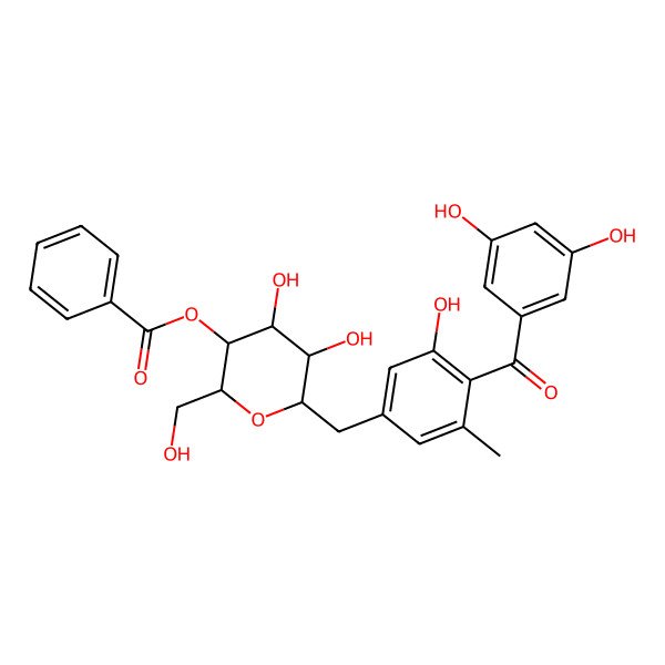 2D Structure of [(2R,3S,4R,5R)-6-[[4-(3,5-dihydroxybenzoyl)-3-hydroxy-5-methylphenyl]methyl]-4,5-dihydroxy-2-(hydroxymethyl)oxan-3-yl] benzoate