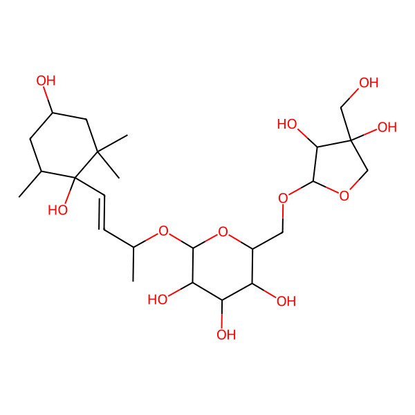 2D Structure of (2R,3S,4S,5R,6R)-2-[[(2R,3R,4R)-3,4-dihydroxy-4-(hydroxymethyl)oxolan-2-yl]oxymethyl]-6-[(E,2R)-4-[(1S,4S,6R)-1,4-dihydroxy-2,2,6-trimethylcyclohexyl]but-3-en-2-yl]oxyoxane-3,4,5-triol