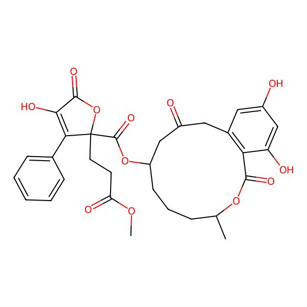 2D Structure of (14,16-Dihydroxy-4-methyl-2,10-dioxo-3-oxabicyclo[10.4.0]hexadeca-1(12),13,15-trien-8-yl) 4-hydroxy-2-(3-methoxy-3-oxopropyl)-5-oxo-3-phenylfuran-2-carboxylate