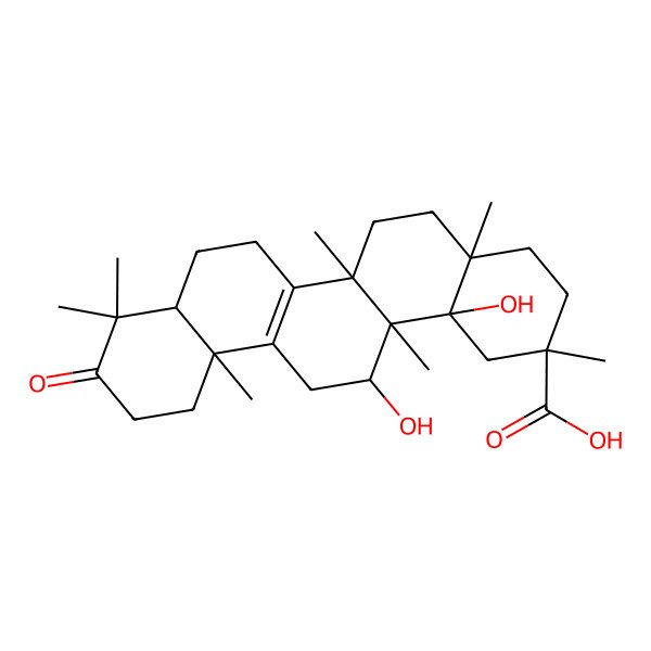 2D Structure of (2R,4aR,6aR,8aR,12aS,14R,14aS,14bS)-14,14b-dihydroxy-2,4a,6a,9,9,12a,14a-heptamethyl-10-oxo-1,3,4,5,6,7,8,8a,11,12,13,14-dodecahydropicene-2-carboxylic acid