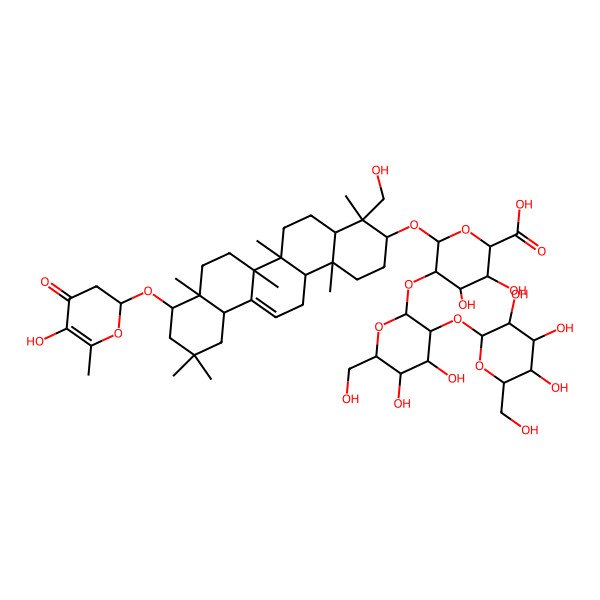 2D Structure of (2S,3S,4S,5R,6R)-6-[[(3S,4S,4aR,6aR,6bS,8aR,9R,12aS,14aR,14bR)-4-(hydroxymethyl)-9-[[(2R)-5-hydroxy-6-methyl-4-oxo-2,3-dihydropyran-2-yl]oxy]-4,6a,6b,8a,11,11,14b-heptamethyl-1,2,3,4a,5,6,7,8,9,10,12,12a,14,14a-tetradecahydropicen-3-yl]oxy]-5-[(2S,3R,4S,5S,6R)-4,5-dihydroxy-6-(hydroxymethyl)-3-[(2S,3R,4S,5S,6R)-3,4,5-trihydroxy-6-(hydroxymethyl)oxan-2-yl]oxyoxan-2-yl]oxy-3,4-dihydroxyoxane-2-carboxylic acid