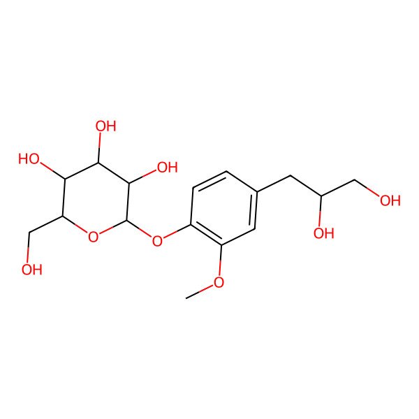 2D Structure of (2S,3R,4S,5S,6R)-2-[4-[(2R)-2,3-dihydroxypropyl]-2-methoxyphenoxy]-6-(hydroxymethyl)oxane-3,4,5-triol