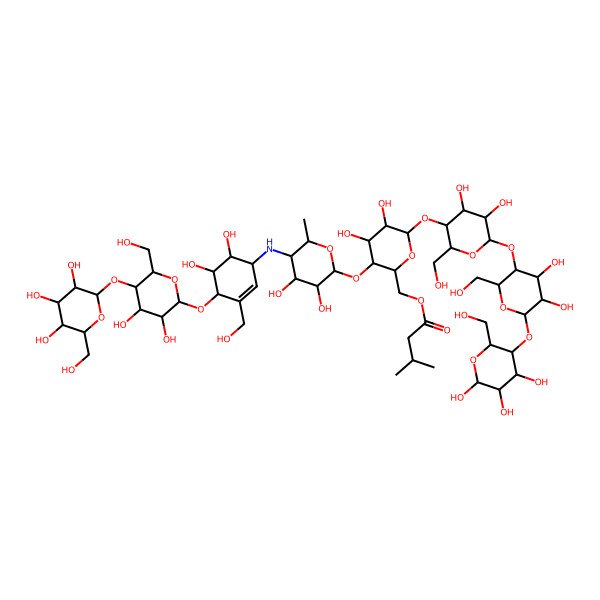2D Structure of [(3R,6S)-3-[(5R)-5-[[(4S)-4-[(2R,5R)-3,4-dihydroxy-6-(hydroxymethyl)-5-[(2S,5S)-3,4,5-trihydroxy-6-(hydroxymethyl)oxan-2-yl]oxyoxan-2-yl]oxy-5,6-dihydroxy-3-(hydroxymethyl)cyclohex-2-en-1-yl]amino]-3,4-dihydroxy-6-methyloxan-2-yl]oxy-6-[(3R)-6-[(3R)-4,5-dihydroxy-2-(hydroxymethyl)-6-[(3R)-4,5,6-trihydroxy-2-(hydroxymethyl)oxan-3-yl]oxyoxan-3-yl]oxy-4,5-dihydroxy-2-(hydroxymethyl)oxan-3-yl]oxy-4,5-dihydroxyoxan-2-yl]methyl 3-methylbutanoate