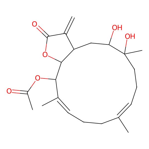 2D Structure of (5,6-dihydroxy-6,10,14-trimethyl-3-methylidene-2-oxo-4,5,7,8,11,12,15,15a-octahydro-3aH-cyclotetradeca[b]furan-15-yl) acetate
