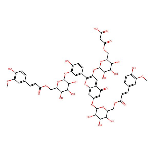 2D Structure of 3-oxo-3-[[(2S,3R,4S,5S,6S)-3,4,5-trihydroxy-6-[2-[4-hydroxy-3-[(2S,3R,4S,5R,6R)-3,4,5-trihydroxy-6-[3-(4-hydroxy-3-methoxyphenyl)prop-2-enoyloxymethyl]oxan-2-yl]oxyphenyl]-5-oxo-7-[(2S,3R,4S,5R,6S)-3,4,5-trihydroxy-6-[3-(4-hydroxy-3-methoxyphenyl)prop-2-enoyloxymethyl]oxan-2-yl]oxychromen-3-yl]oxyoxan-2-yl]methoxy]propanoic acid